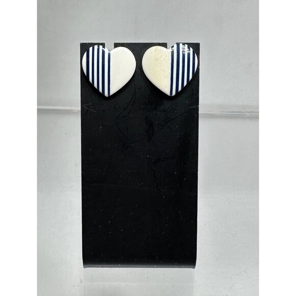Heart-Shaped Ceramic Blue & White Striped Stud Earrings Womens Fashion Jewelry - Picture 1 of 4